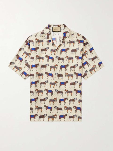 Camp-Collar Printed Monogrammed Silk-Twill Shirt