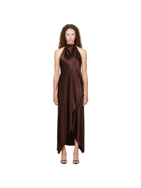 Helmut Lang Brown Silk Tie Scarf Midi Dress