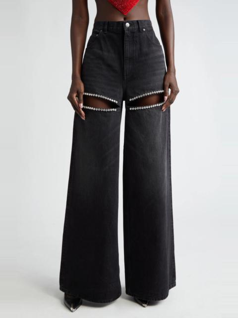 AREA Crystal Embellished Cutout Wide Leg Jeans