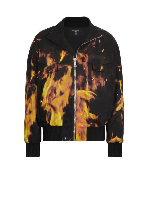Balmain Fire print denim bomber jacket