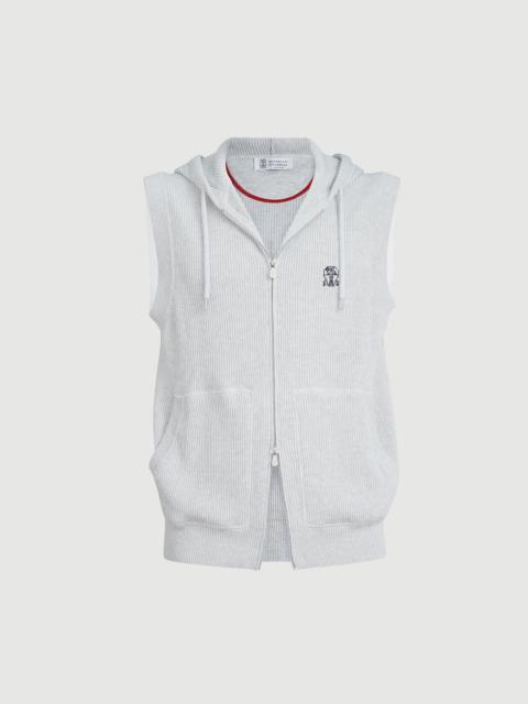 Brunello Cucinelli Cotton English rib knit hooded vest with logo and zipper