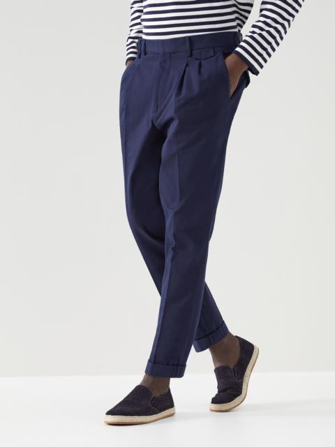 Cotton gabardine leisure fit trousers with double pleats and tabbed waistband