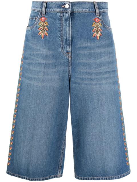 Etro floral-embroidered wide-leg denim culottes