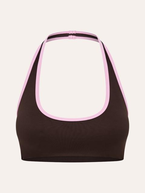 P.E NATION RADAR HALTER SPORTS BRA IN ESPRESSO