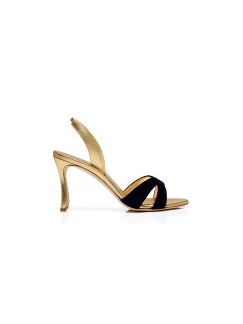 Manolo Blahnik Black Velvet and Gold Slingback Sandals