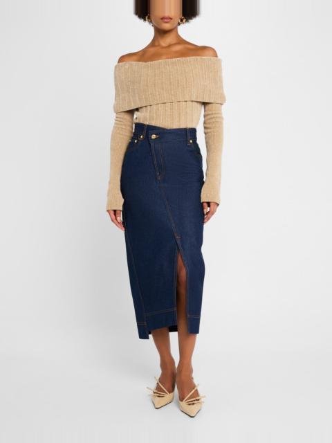 De-Nimes Crosswaist Midi Denim Skirt