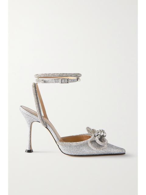 MACH & MACH Double Bow Crystal-embellished Glittered Leather Point-toe Pumps