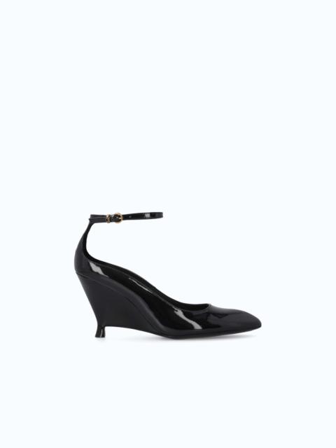 PINKO PATENT LEATHER PUMPS WITH WEDGE HEEL AND ANKLE STRAP