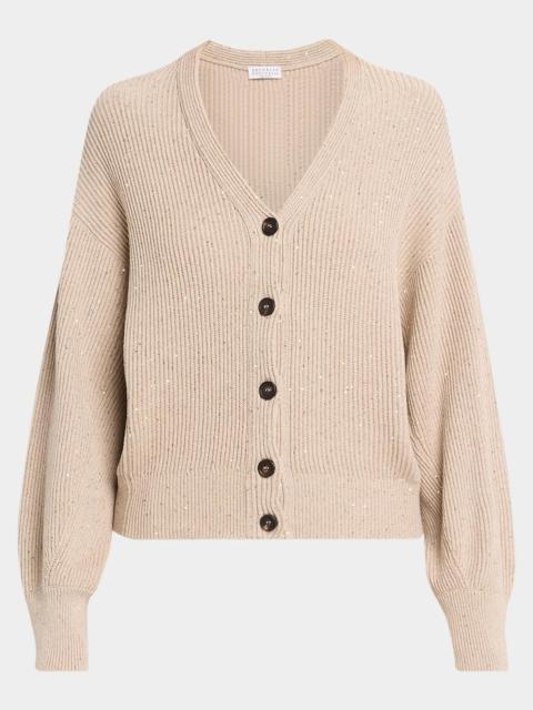 Brunello Cucinelli Shimmering Linen-Cotton Knit V-Neck Cardigan