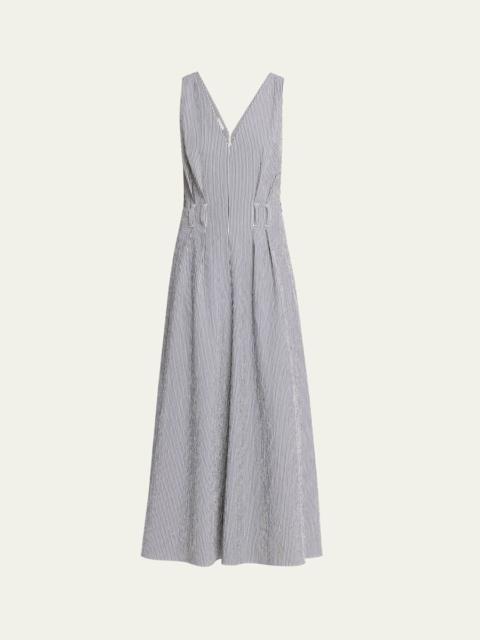 Brunello Cucinelli V-Neck Seersucker Cotton Sleeveless Midi Dress