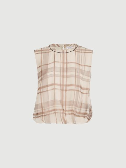 Brunello Cucinelli Silk organza t-shirt in macrocheck print with shiny neck detail
