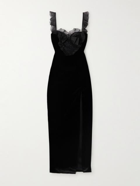 Alessandra Rich Bow-embellished Lace And Silk-trimmed Velvet Gown