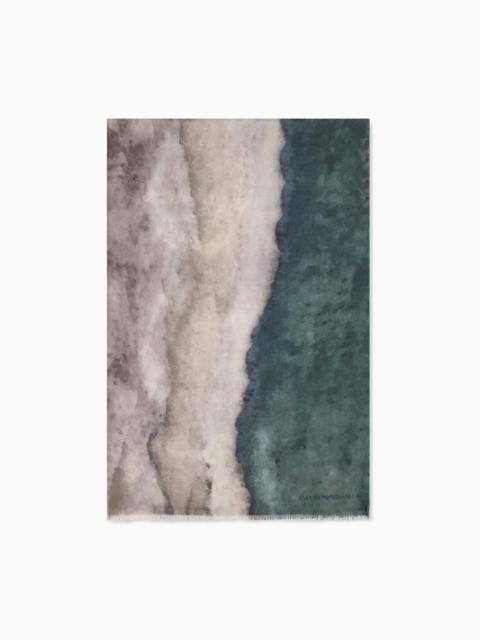 EMPORIO ARMANI FRINGED VIRGIN WOOL STOLE WITH AN ABSTRACT WATERCOLOR PRINT