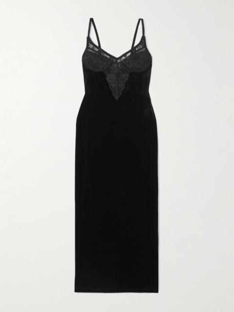 self-portrait Lace-trimmed velvet midi dress Black