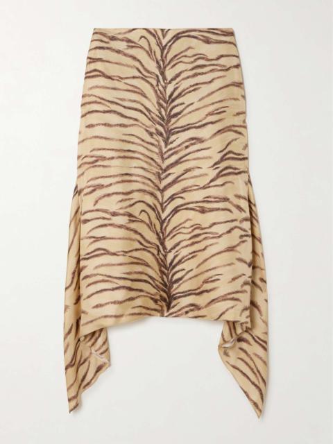 Asymmetric ruffled zebra-print silk midi skirt