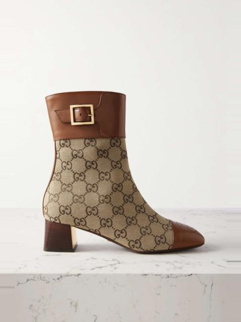 GUCCI Buckled logo-jacquard leather and canvas ankle boots