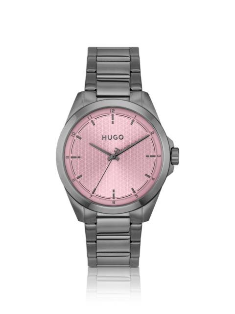 HUGO SEAM GRAY-PLATED WATCH WITH PINK TEXTURED DIAL