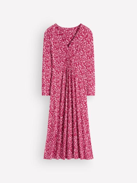 BODEN Jasmine Ruched Jersey Dress-Sweet Cherry, Scattered Flora