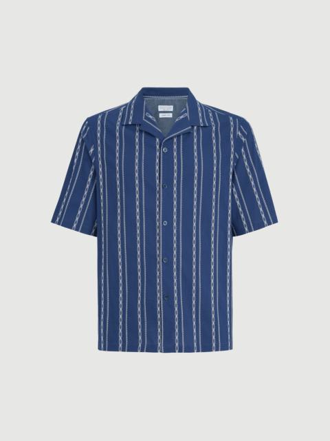 Brunello Cucinelli Ethnic stripe seersucker easy fit short sleeve shirt with camp collar