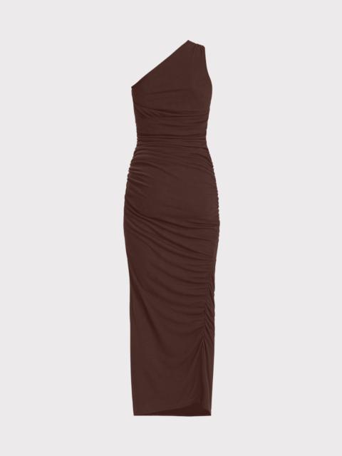 HERVE LEGER RUCHED JERSEY ONE SHOULDER MIDI DRESS