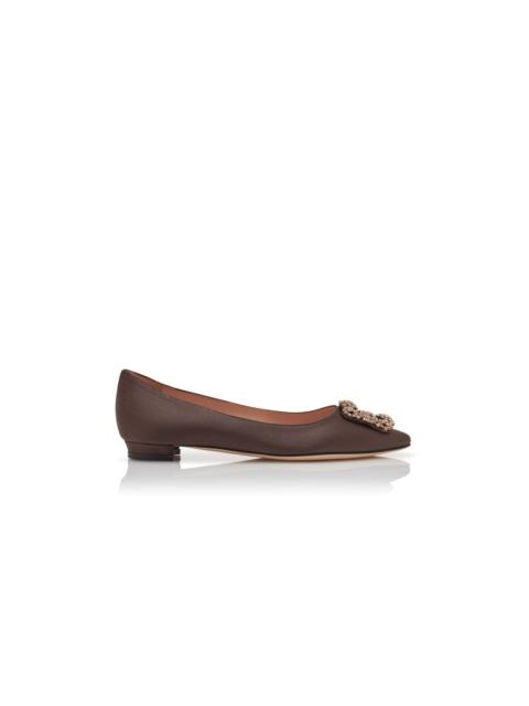 Manolo Blahnik Brown Satin Jewel Buckle Flat Pumps