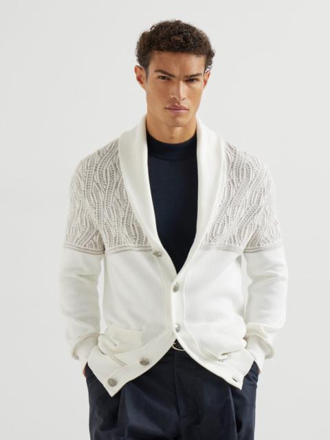 Brunello Cucinelli Cotton shawl collar cardigan with  jacquard cable shoulder