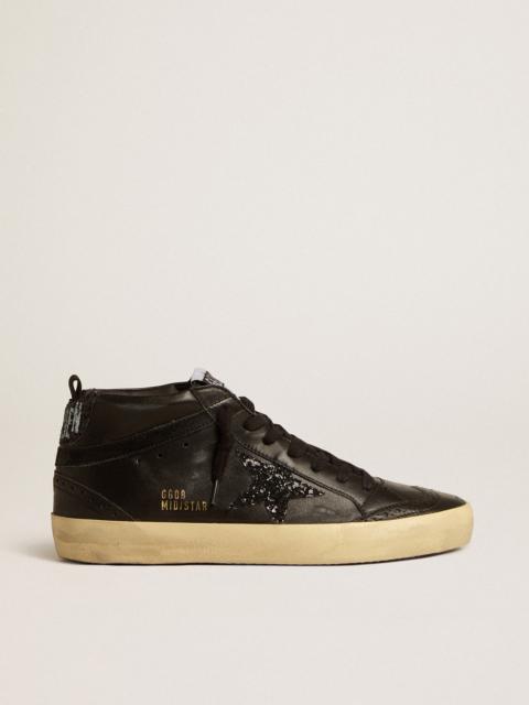 Golden Goose Mid Star in black nappa with black glitter star and suede flash