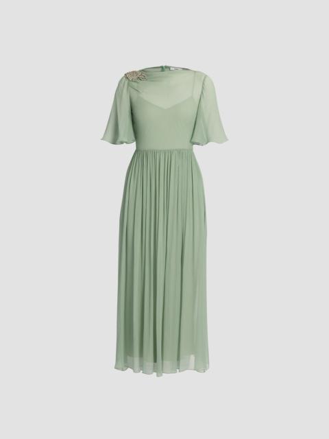 Erdem EMBELLISHED SILK CREPONNE SHORT SLEEVE MIDI DRESS