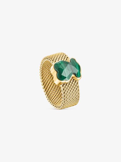TOUS Gold-colored IP Steel Mesh Color Ring with Malachite Bear motif