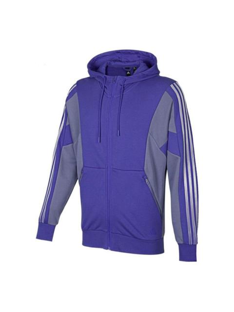 Men's adidas St Kn Block Jkt Contrasting Colors Stripe Knit Hooded Jacket Violets H40198