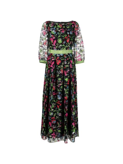 floral-embroidered sheer-sleeve dress