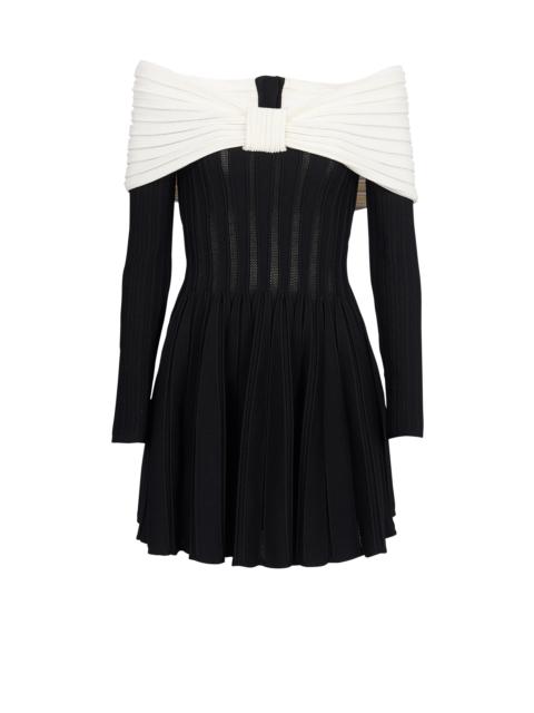 Balmain Off-the-shoulder skater dress in a textured knit