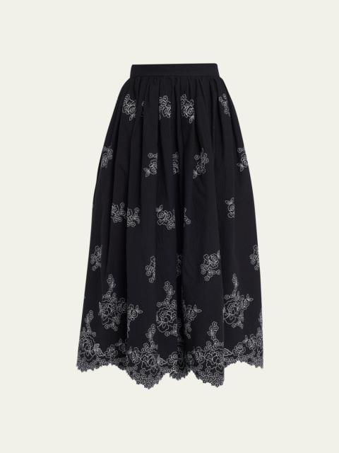Erdem Floral-Embroidered Seersucker Midi Skirt