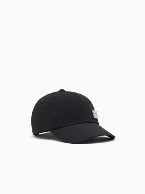 EMPORIO ARMANI BASEBALL HAT IN SEERSUCKER WITH A METALLIC LOGO PLAQUE