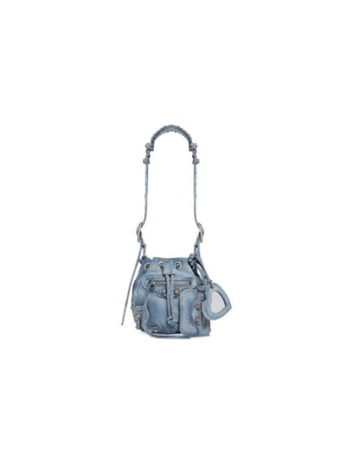 BALENCIAGA Women's Le Cagole Xs Bucket Bag In Denim With Rhinestones in Blue