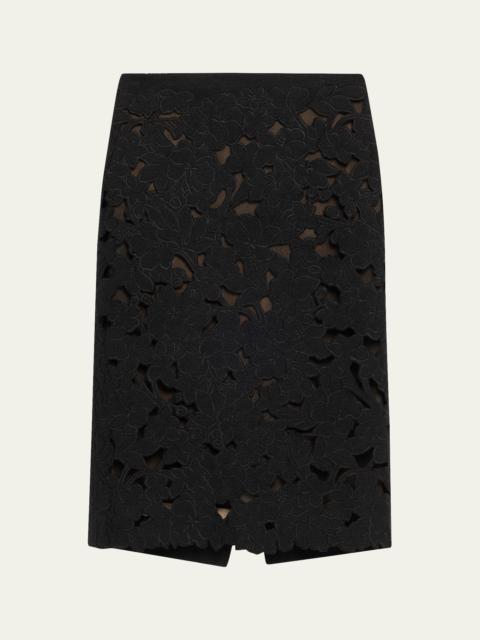 Oscar de la Renta Tweed Embroidered Cutout Midi Suiting Skirt