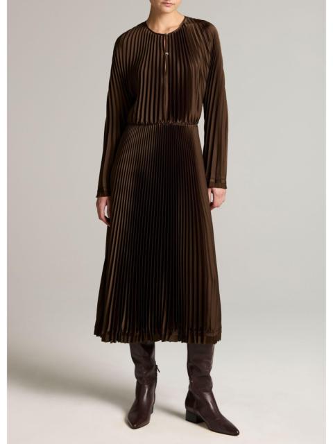 Vince Contrast-Trim Pleated Satin Dress