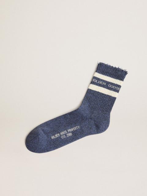 Blue socks with contrasting white stripes and white logo