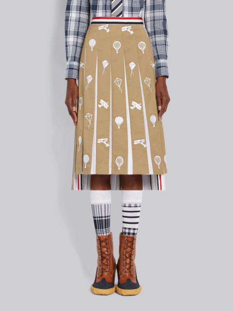 Thom Browne Camel Cotton Twill Sky Icon Half Drop Stripe Waistband Dropped Back Below the Knee Pleated Skirt