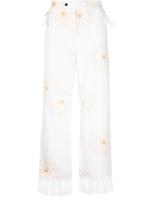 embroidered frayed straight-leg trousers