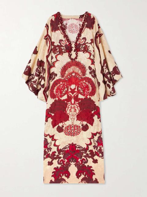Johanna Ortiz Mito Romantico draped embellished printed silk-jacquard maxi dress