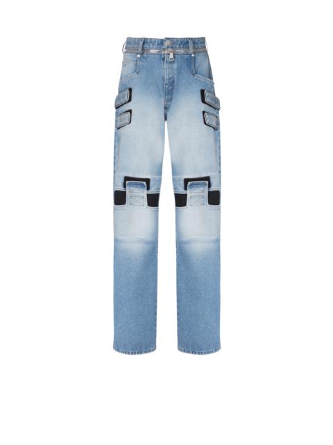 Faded wide-leg cotton jeans with Velcro strips