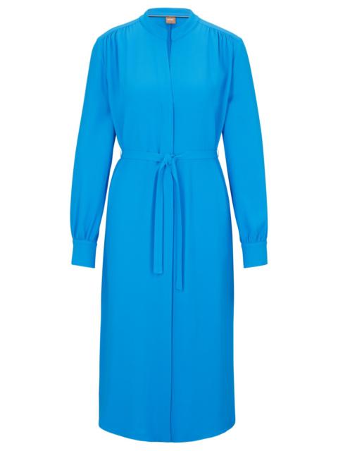 BOSS BELTED DRESS WITH COLLARLESS V NECKLINE AND BUTTON CUFFS