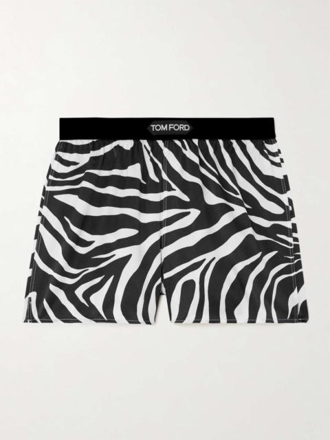 Velvet-trimmed zebra-print silk-blend satin shorts