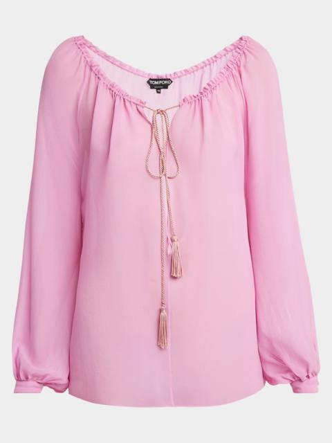 TOM FORD Long-Sleeve Drawstring Silk Georgette Blouse