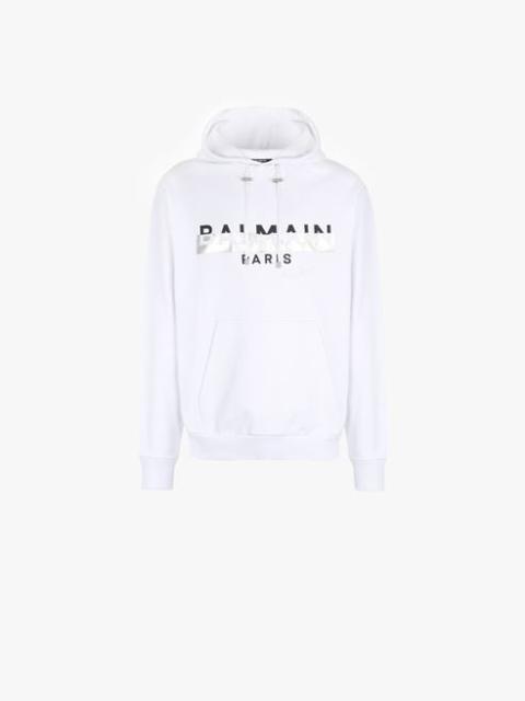 Balmain White eco-designed cotton sweatshirt with black and silver Balmain Paris metallic logo print
