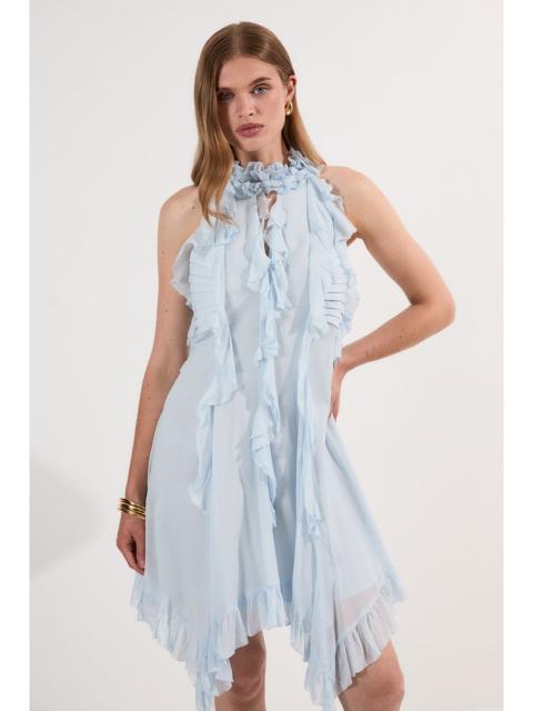 KAREN MILLEN Viscose Georgette Ruffle Halter Neck Woven Top Mini Dress