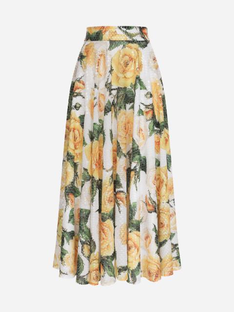 Sequined midi circle skirt with yellow rose print