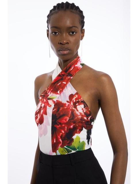 KAREN MILLEN Rose Print Cross Neck Drapey Crepe Jersey Bodysuit