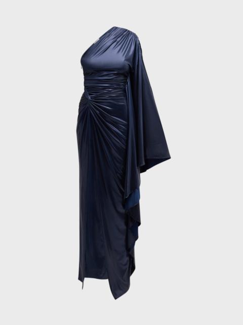 Coated Jersey One-Shoulder Ruched Slit Gown